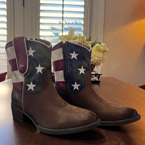 Sheryl Crow Americana Patriot Ankle Western Boots Leather Stars Stripes 7.5 M - Picture 4 of 11